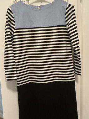 LOFT Outlet Black & White Striped Dress with Light Blue Yoke